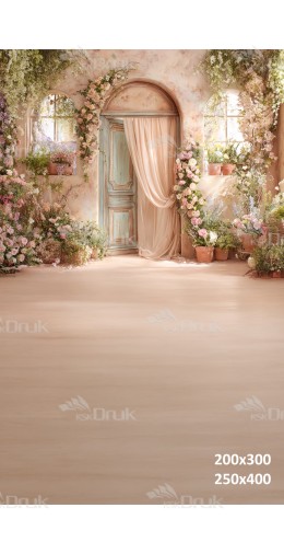 Tło fotograficzne „Romantyczne wnętrze z miętowymi drzwiami i kwiatową aranżacją” | E686